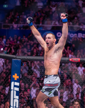 Sean Strickland reacts at the conclusion of his UFC middleweight championship fight against Israel Adesanya of Nigeria during the UFC 293 event at Qudos Bank Arena on September 10, 2023 in Sydney, Australia. (Photo by Nolan Walker/Zuffa LLC)