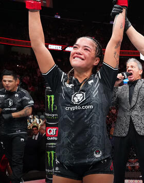 Tracy Cortez reacts after her victory over Jasmine Jasudavicius of Canada in a flyweight fight during the Noche UFC event at T-Mobile Arena on September 16, 2023 in Las Vegas, Nevada. (Photo by Chris Unger/Zuffa LLC)