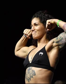 Pannie Kianzad of Iran poses on the scale during the UFC 263 ceremonial weigh-in at Gila River Arena on June 11, 2021 in Glendale, Arizona. (Photo by Mike Roach/Zuffa LLC)