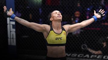 Amanda Lemos of Brazil reacts after her victory over Livinha Souza of Brazil in their strawweight fight during the UFC 259 event at UFC APEX on March 06, 2021 in Las Vegas, Nevada. (Photo by Jeff Bottari/Zuffa LLC)