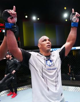 Marcos Rogerio de Lima of Brazil celebrates his submission victory over Andrei Arlovski of Belarus in a heavyweight fight during the UFC Fight Night event at UFC APEX