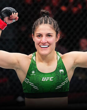 Loopy Godinez of Mexico reacts after her submission victory over Elise Reed in a strawweight fight during the Noche UFC event at T-Mobile Arena on September 16, 2023 in Las Vegas, Nevada. (Photo by Chris Unger/Zuffa LLC)