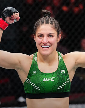 Loopy Godinez of Mexico reacts after her submission victory over Elise Reed in a strawweight fight during the Noche UFC event at T-Mobile Arena on September 16, 2023 in Las Vegas, Nevada. (Photo by Chris Unger/Zuffa LLC)