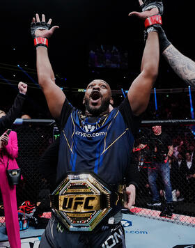 Jon Jones reacts to his win in the UFC heavyweight championship fight during the UFC 285 event at T-Mobile Arena on March 04, 2023 in Las Vegas, Nevada. (Photo by Jeff Bottari/Zuffa LLC)