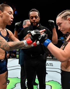 Opponents Germaine de Randamie of the Netherlands and Aspen Ladd face off prior to their women's bantamweight bout during the UFC Fight Night event at Golden 1 Center on July 13, 2019 in Sacramento, California. (Photo by Jeff Bottari/Zuffa Getty Images)