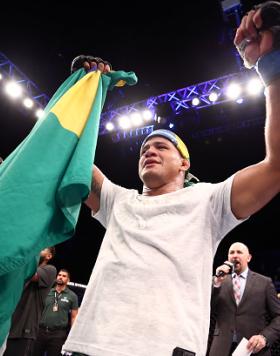 Gilbert Burns of Brazil celebrates after his TKO victory over Demian Maia of Brazil in their welterweight fight during the UFC Fight Night event on March 14, 2020 in Brasilia, Brazil. (Photo by Buda Mendes/Zuffa LLC)