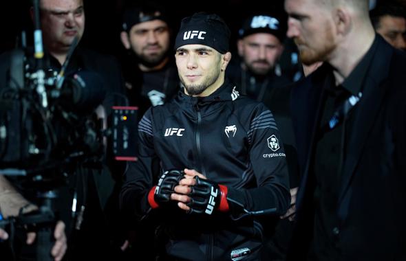 Muhammad Mokaev of England prepares to enter the Octagon before facing Cody Durden in a flyweight fight during the UFC Fight Night event at O2 Arena on March 19, 2022 in London, England. (Photo by Chris Unger/Zuffa LLC)