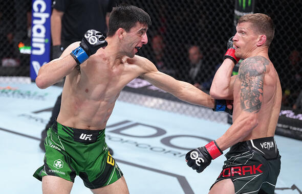 Steve Erceg of Australia punches David Dvorak of the Czech Republic in their flyweight fight during the UFC 289 event at Rogers Arena on June 10, 2023 in Vancouver, Canada. (Photo by Jeff Bottari/Zuffa LLC)