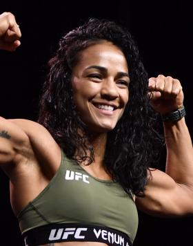 Viviane Araujo of Brazil poses on the scale during the UFC 262 ceremonial weigh-in at the Marriott Marquis Houston on May 14, 2021 in Houston, Texas. (Photo by Mike Roach/Zuffa LLC)