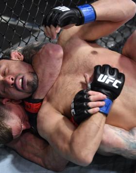 David Dvorak of Czech Republic attempts to submit Juancamilo Ronderos of Columbia in their flyweight bout during the UFC Fight Night event at UFC APEX on May 22, 2021 in Las Vegas, Nevada. (Photo by Chris Unger/Zuffa LLC)