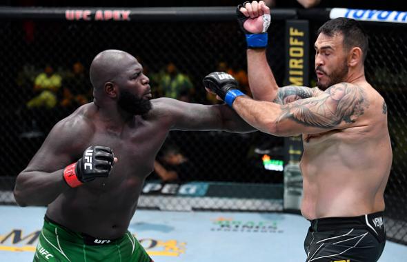 Jairzinho Rozenstruik of Suriname punches Augusto Sakai of Brazil in a heavyweight fight during the UFC Fight Night event at UFC APEX on June 05, 2021 in Las Vegas, Nevada. (Photo by Jeff Bottari/Zuffa LLC)