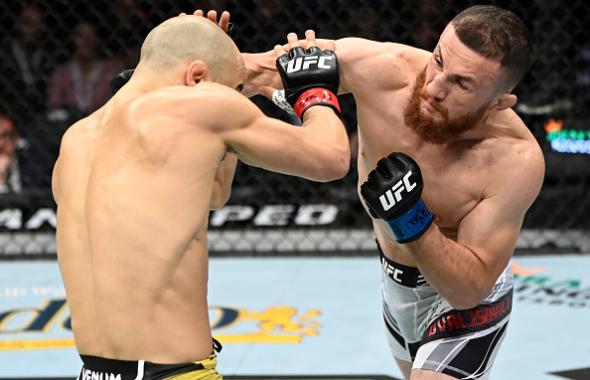 Merab Dvalishvili of Georgia punches Marlon Moraes of Brazil in their bantamweight fight during the UFC 266 event on September 25, 2021 in Las Vegas, Nevada. (Photo by Jeff Bottari/Zuffa LLC)