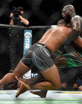 Curtis Blaydes takes down Jairzinho Rozenstruik of Suriname in their heavyweight fight during the UFC 266 event on September 25, 2021 in Las Vegas, Nevada. (Photo by Chris Unger/Zuffa LLC)