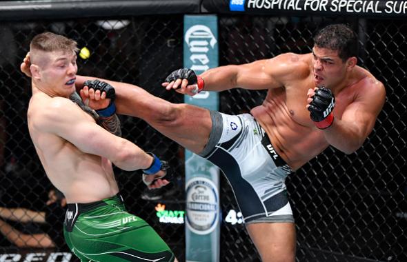 Paulo Costa of Brazil kicks Marvin Vettori of Italy in a light heavyweight fight during the UFC Fight Night event at UFC APEX on October 23, 2021 in Las Vegas, Nevada. (Photo by Jeff Bottari/Zuffa LLC)