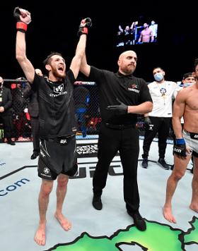 Tagir Ulanbekov of Russia reacts after his victory over Allan Nascimento in a flyweight fight during the UFC 267 event at Etihad Arena on October 30, 2021 in Yas Island, Abu Dhabi, United Arab Emirates. (Photo by Chris Unger/Zuffa LLC)