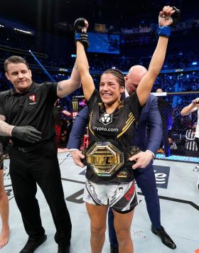 Julianna Pena reacts after defeating Amanda Nunes of Brazil by submission in their UFC bantamweight championship bout during the UFC 269 on December 11, 2021 in Las Vegas, Nevada. (Photo by Jeff Bottari/Zuffa LLC)