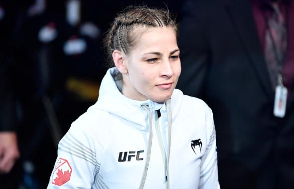 Jasmine Jasudavicius of Canada prepares to fight Kay Hansen in their flyweight fight during the UFC 270 event at Honda Center on January 22, 2022 in Anaheim, California. (Photo by Chris Unger/Zuffa LLC)