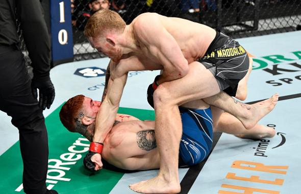 Jack Della Maddalena of Australia punches Pete Rodriguez in their welterweight fight during the UFC 270 event at Honda Center on January 22, 2022 in Anaheim, California. (Photo by Chris Unger/Zuffa LLC)