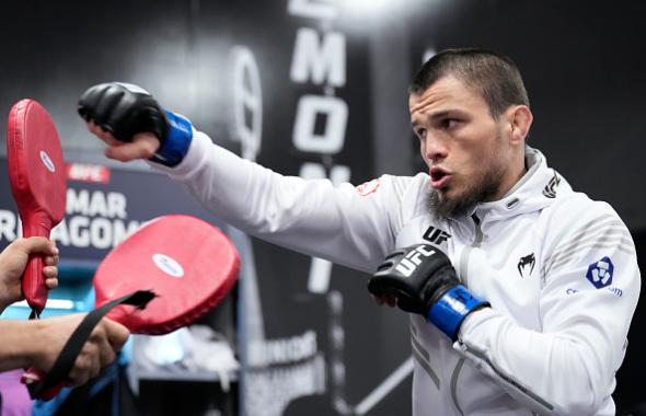 Umar Nurmagomedov of Russia warms up prior to his fight during the UFC 272 event on March 05, 2022 in Las Vegas, Nevada. (Photo by Chris Unger/Zuffa LLC)