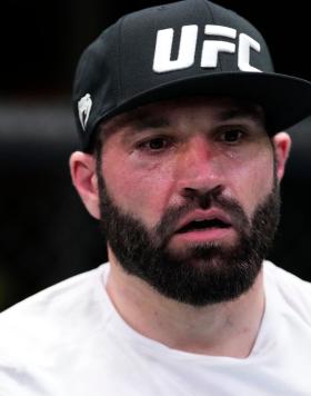 Azamat Murzakanov of Russia reacts after knocking out Tafon Nchukwi of Cameroon in their light heavyweight fight during the UFC Fight Night event at UFC APEX on March 12, 2022 in Las Vegas, Nevada. (Photo by Chris Unger/Zuffa LLC)