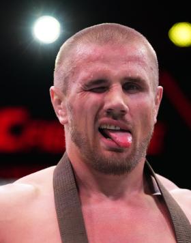 Alexandr Romanov of Moldova reacts after his victory over Chase Sherman in a heavyweight fight during the UFC Fight Night event at UFC APEX on April 30, 2022 in Las Vegas, Nevada. (Photo by Chris Unger/Zuffa LLC)