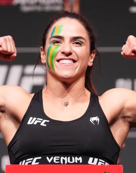 Norma Dumont of Brazil poses on the scale during the UFC 274 ceremonial weigh-in at the Arizona Federal Theatre on May 06, 2022 in Phoenix, Arizona. (Photo by Chris Unger/Zuffa LLC)