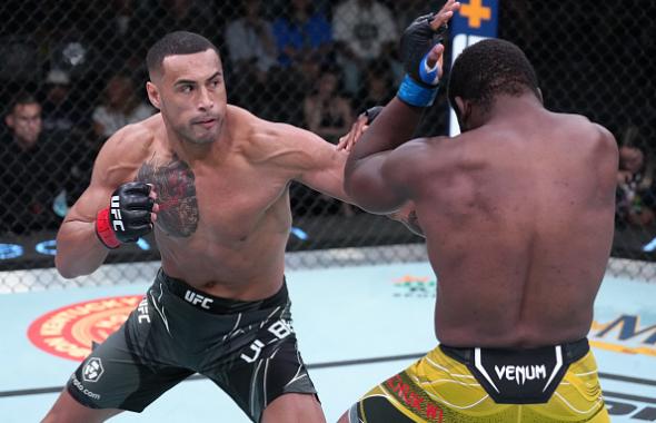 Carlos Ulberg of New Zealand punches Tafon Nchukwi of Cameroon in a light heavyweight fight during the UFC Fight Night event at UFC APEX on June 25, 2022 in Las Vegas, Nevada. (Photo by Jeff Bottari/Zuffa LLC)