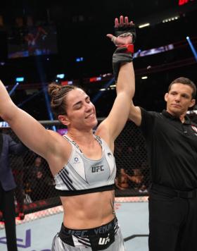 Norma Dumont of Brazil reacts after her victory over Danyelle Wolf in a featherweight fight during the UFC 279 event at T-Mobile Arena on September 10, 2022 in Las Vegas, Nevada. (Photo by Jeff Bottari/Zuffa LLC)