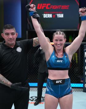 Chelsea Chandler reacts after her victory over Julija Stoliarenko of Lithuania in a catchweight fight during the UFC Fight Night event at UFC APEX on October 01, 2022 in Las Vegas, Nevada. (Photo by Jeff Bottari/Zuffa LLC)