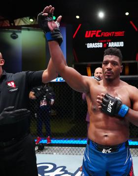 Alonzo Menifield reacts after his knockout victory over Misha Cirkunov of Latvia in a light heavyweight fight during the UFC Fight Night event at UFC APEX on October 15, 2022 in Las Vegas, Nevada. (Photo by Jeff Bottari/Zuffa LLC)