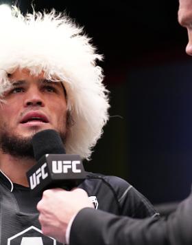 Umar Nurmagomedov of Russia reacts after his knockout victory over Raoni Barcelos of Brazil in a bantamweight fight during the UFC Fight Night event at UFC APEX on January 14, 2023 in Las Vegas, Nevada. (Photo by Chris Unger/Zuffa LLC)