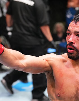 Dan Ige reacts after his knockout victory over Damon Jackson in a featherweight fight during the UFC Fight Night event at UFC APEX on January 14, 2023 in Las Vegas, Nevada. (Photo by Chris Unger/Zuffa LLC)