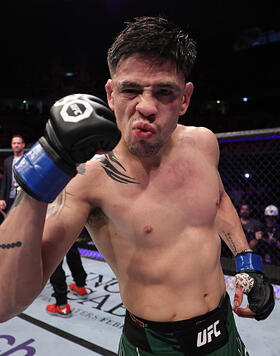 Brandon Moreno of Mexico reacts after his victory over Deiveson Figueiredo of Brazil in the UFC flyweight championship fight during the UFC 283 event at Jeunesse Arena on January 21, 2023 in Rio de Janeiro, Brazil. (Photo by Buda Mendes/Zuffa LLC)