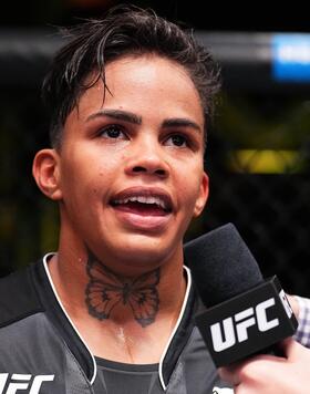  Iasmin Lucindo of Brazil reacts after defeating Brogan Walker in a flyweight fight during the UFC Fight Night event at UFC APEX on April 22, 2023 in Las Vegas, Nevada. (Photo by Chris Unger/Zuffa LLC via Getty Images)