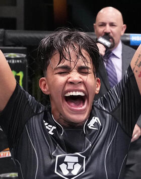 Iasmin Lucindo of Brazil reacts after defeating Brogan Walker in a flyweight fight during the UFC Fight Night event at UFC APEX on April 22, 2023 in Las Vegas, Nevada. (Photo by Chris Unger/Zuffa LLC via Getty Images)