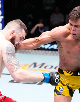 ) Caio Borralho of Brazil punches Michal Oleksiejczuk of Poland in a middleweight fight during the UFC Fight Night event at UFC APEX on April 29, 2023 in Las Vegas, Nevada. (Photo by Jeff Bottari/Zuffa LLC)