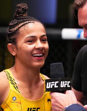 Natalia Silva of Brazil reacts after defeating Victoria Leonardo in a flyweight fight during the UFC Fight Night event at UFC APEX on May 20, 2023 in Las Vegas, Nevada. (Photo by Chris Unger/Zuffa LLC via Getty Images)