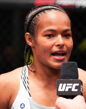 Karine Silva of Brazil reacts after her submission victory against Ketlen Souza of Brazil in a flyweight bout during the UFC Fight Night event at UFC APEX on June 03, 2023 in Las Vegas, Nevada. (Photo by Chris Unger/Zuffa LLC)