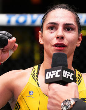 Ariane Lipski of Brazil reacts after her victory over Melissa Gatto of Brazil in a flyweight fight during the UFC Fight Night event at UFC APEX on July 01, 2023 in Las Vegas, Nevada. (Photo by Chris Unger/Zuffa LLC)