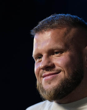 Marcin Tybura of Poland is interviewed backstage during the UFC Fight Night ceremonial weigh-in at The O2 Arena on July 21, 2023 in London, England. (Photo by Mike Roach/Zuffa LLC via Getty Images)