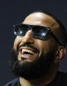 Belal Muhammad is seen on stage during a Q&A session prior to the UFC 291 ceremonial weigh-in at Delta Center on July 28, 2023 in Salt Lake City, Utah. (Photo by Jeff Bottari/Zuffa LLC via Getty Images)