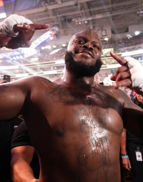 Derrick Lewis celebrates his victory over Marcos Rogerio de Lima of Brazil in a heavyweight fight during the UFC 291 event at Delta Center on July 29, 2023 in Salt Lake City, Utah. (Photo by Jeff Bottari/Zuffa LLC via Getty Images)