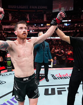 Cory Sandhagen reacts after his victory over Rob Font in a 140-pound catchweight fight during the UFC Fight Night event at Bridgestone Arena on August 05, 2023 in Nashville, Tennessee. (Photo by Jeff Bottari/Zuffa LLC)