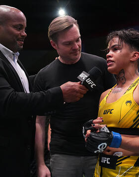 Iasmin Lucindo of Brazil reacts after her victory over Polyana Viana of Brazil in a strawweight fight during the UFC Fight Night event at UFC APEX on August 12, 2023 in Las Vegas, Nevada. (Photo by Al Powers/Zuffa LLC)