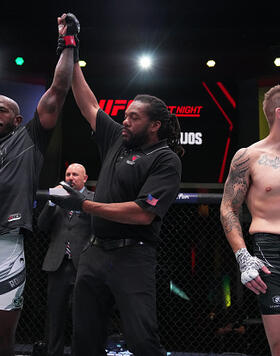 Khalil Rountree Jr. reacts after his knockout victory over Chris Daukaus in a light heavyweight fight during the UFC Fight Night event at UFC APEX on August 12, 2023 in Las Vegas, Nevada. (Photo by Al Powers/Zuffa LLC)