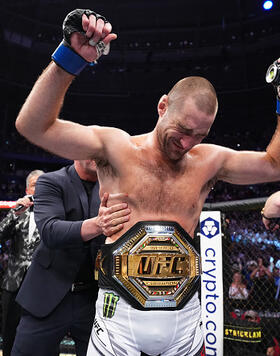 Sean Strickland reacts after a unanimous-decision victory over Israel Adesanya of Nigeria in the UFC middleweight championship fight during the UFC 293 event at Qudos Bank Arena on September 10, 2023 in Sydney, Australia. (Photo by Chris Unger/Zuffa LLC)