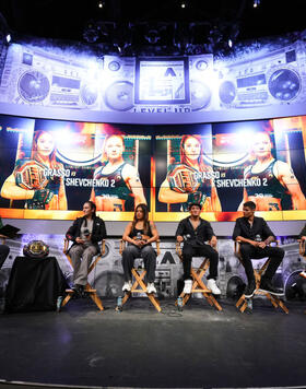 Gilbert Melendez, Alexa Grasso, Tracy Cortez, Raul Rosas Jr., Daniel Zellhuber and Valentina Shevchenko are seen on stage during the Noche UFC Athlete Panel at LEVEL UP inside MGM Grand on September 14, 2023 in Las Vegas, Nevada. (Photo by Chris Unger/Zuffa LLC)