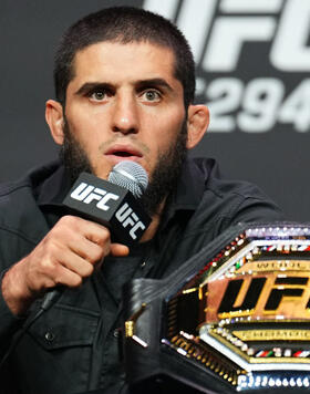 Islam Makhachev of Russia is seen on stage during the UFC 294 press conference at Etihad Arena on October 19, 2023 in Abu Dhabi, United Arab Emirates. (Photo by Chris Unger/Zuffa LLC)