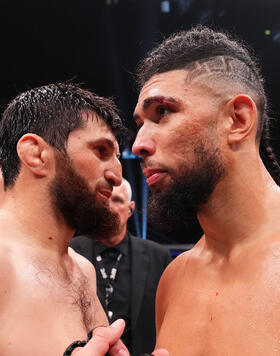 Johnny Walker of Brazil and Magomed Ankalaev of Russia react after the stoppage of their light heavyweight fight due to an unintentional foul during the UFC 294 event at Etihad Arena on October 21, 2023 in Abu Dhabi, United Arab Emirates. (Photo by Chris Unger/Zuffa LLC via Getty Images)