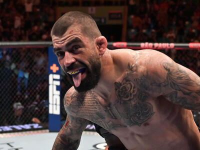 Elizeu Zaleski dos Santos of Brazil reacts after his welterweight fight against Rinat Fakhretdinov of Russia during the UFC Fight Night event at Ibirapuera Gymnasium on November 04, 2023 in Sao Paulo, Brazil. (Photo by Pedro Vilela/Zuffa LLC via Getty Images)